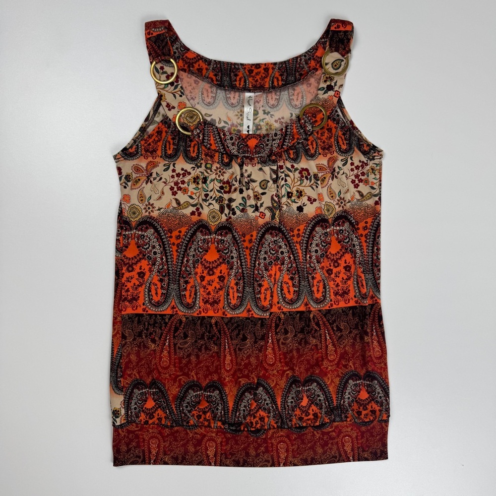 Y2K Heart Soul Gold Metal Rings Brown & Orange Paisley Abstract Top Size Small